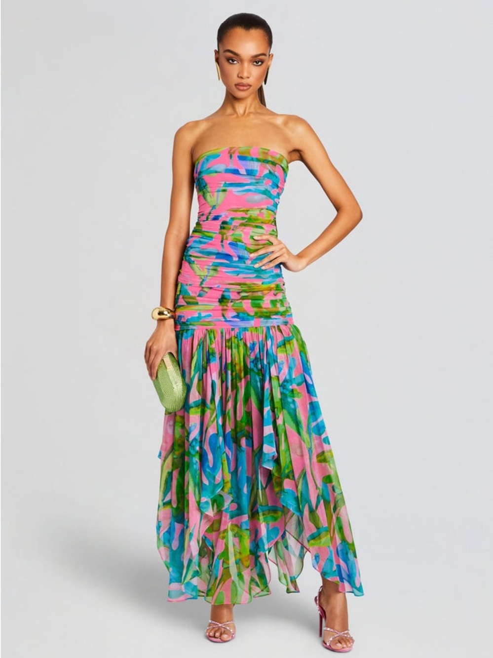 NWT Retrofete Teryn Silk Chiffon Dress Jade Tropical Leaf